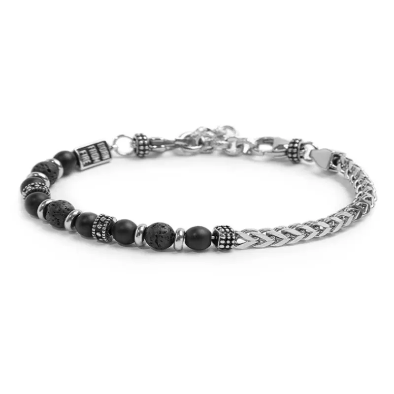Sale Bracciale catena a spina di pesce con sfere in onice nera e pietra lavica Bracciali