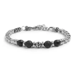 Sale Bracciale catena box con trama con sfere in onice nera e pietra lavica Bracciali