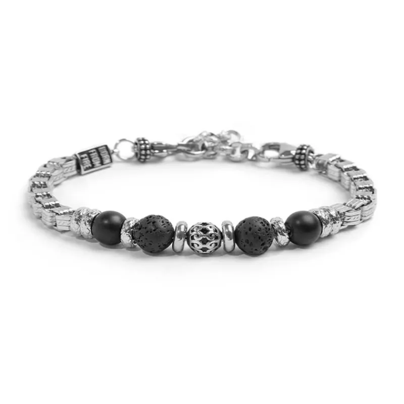 Sale Bracciale catena box con trama con sfere in onice nera e pietra lavica Bracciali