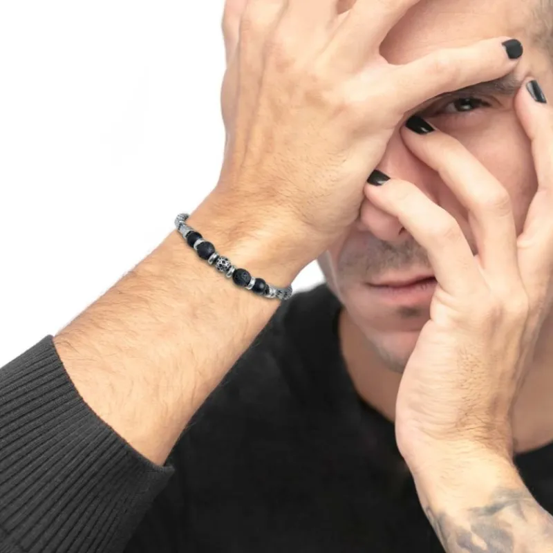Sale Bracciale catena box con trama con sfere in onice nera e pietra lavica Bracciali