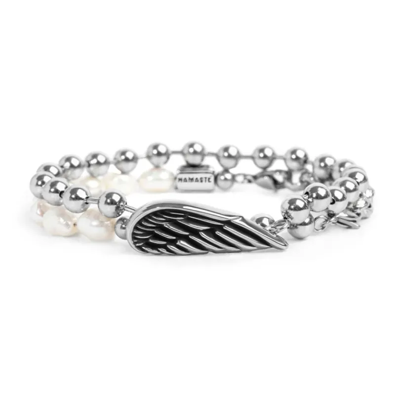 Fashion Bracciale catena doppio giro perle e sfere con ala Bracciali