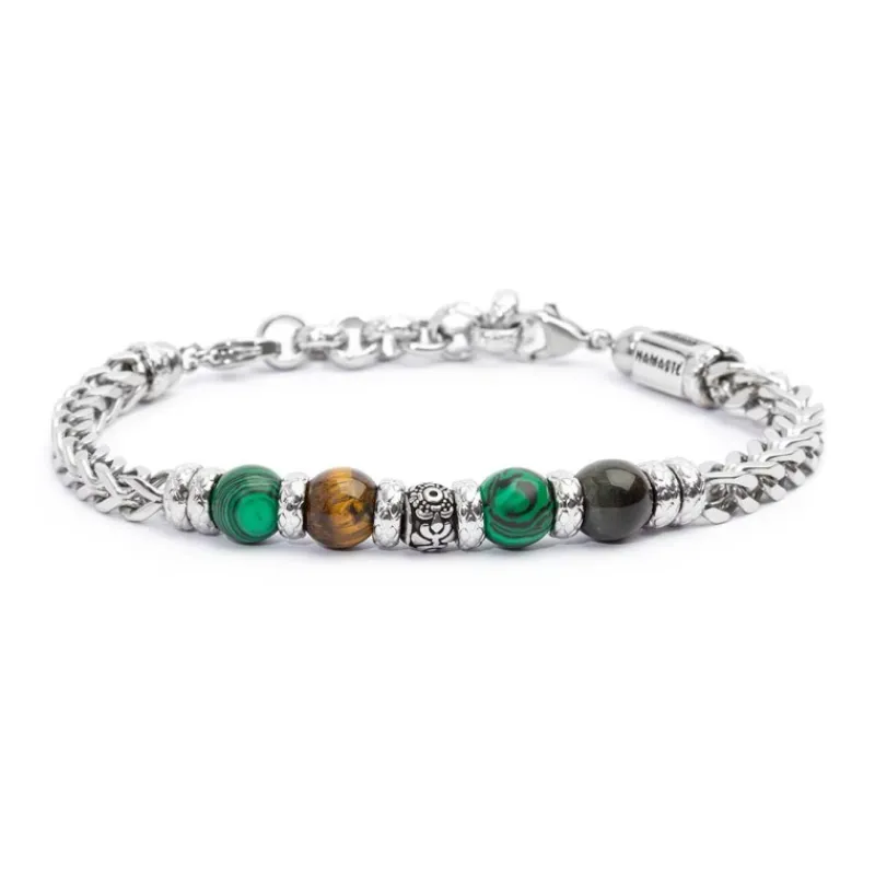 Online Bracciale catena fishbone con sfere malachite e occhio di tigre Bracciali