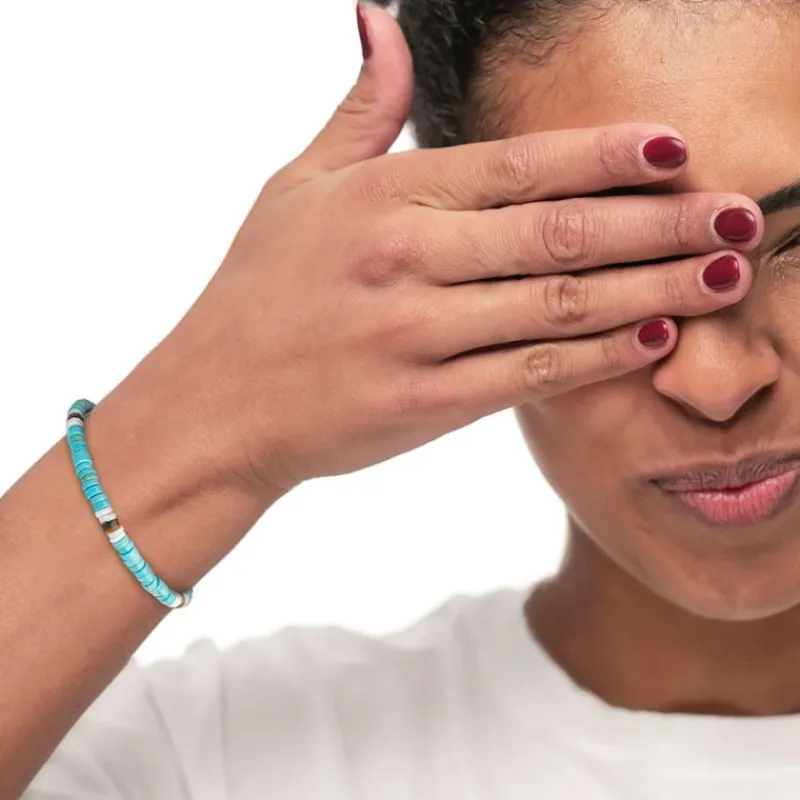 Outlet Bracciale con dischetti turchesi occhio di tigre e conchiglie bianche Bracciali
