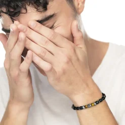 Fashion Bracciale con onice nera ovale e sfere occhio di tigre Bracciali