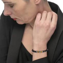 Fashion Bracciale con onice nera ovale e sfere occhio di tigre Bracciali