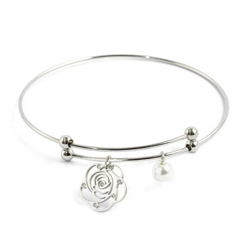 Sale Bracciale rigido con rosa e perla pendente Bracciali