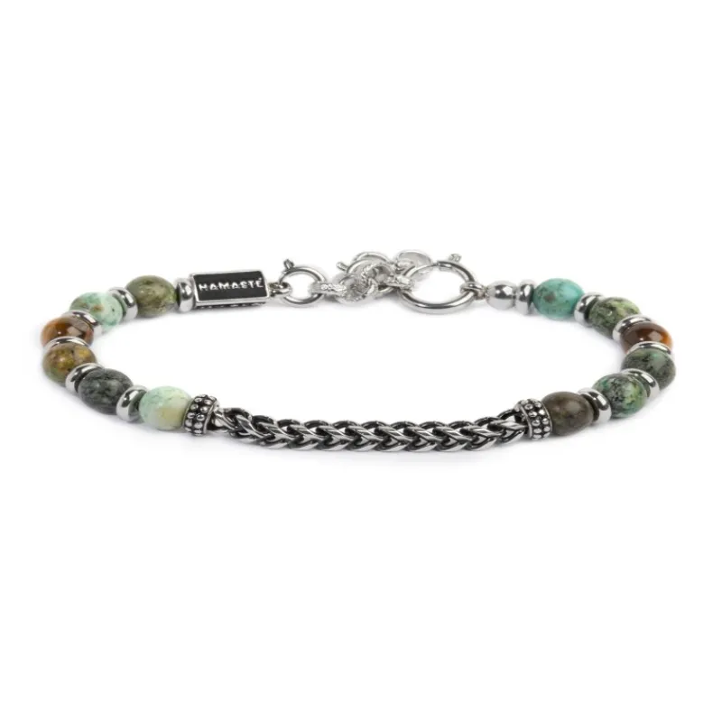 Online Bracciale sfere in pietra e dischetti acciaio con catena centrale Bracciali