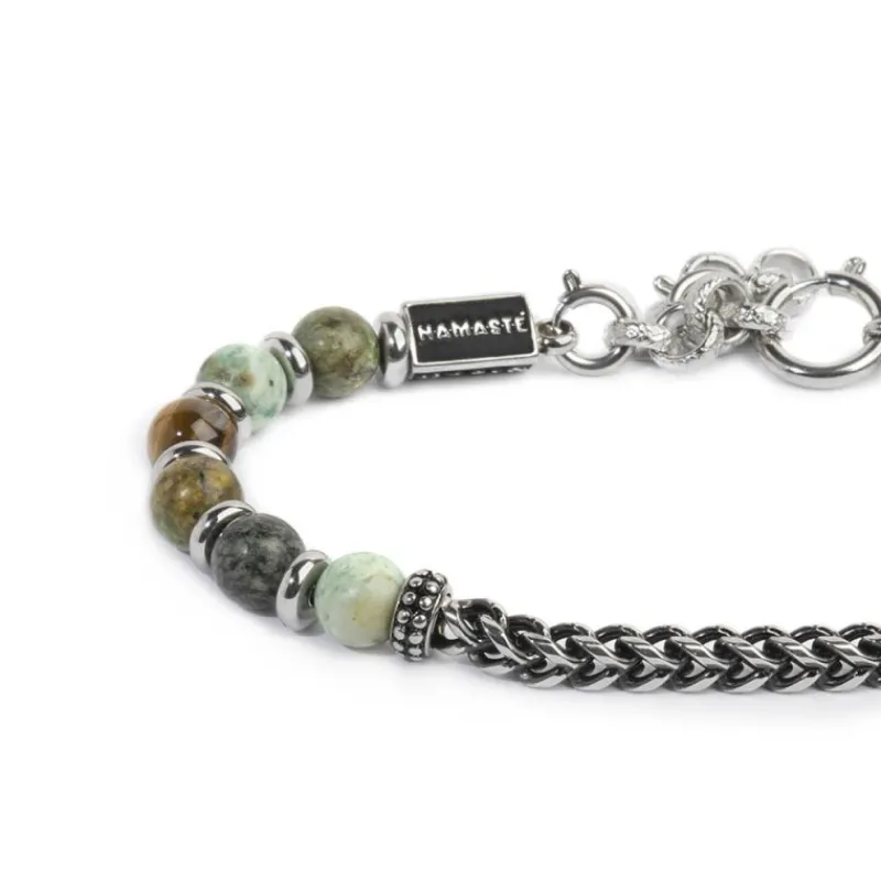 Online Bracciale sfere in pietra e dischetti acciaio con catena centrale Bracciali