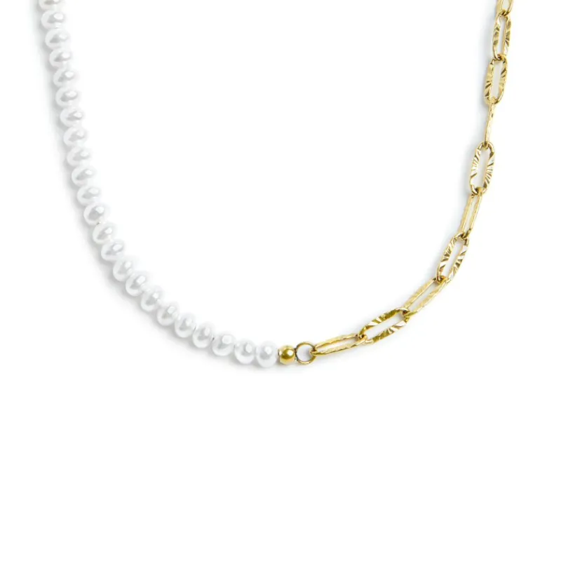 Fashion Collana catena figaro e catena con perle bianche irregolari Collane