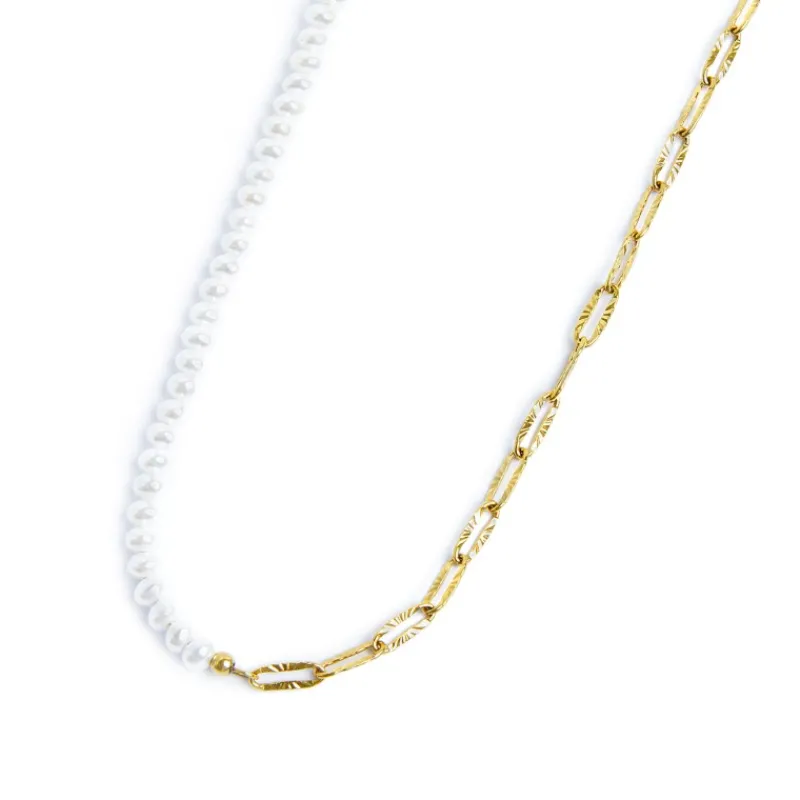 Fashion Collana catena figaro e catena con perle bianche irregolari Collane