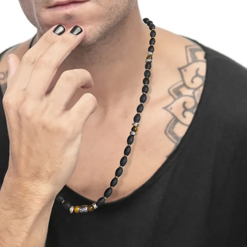 Hot Collana con onice nera ovale e sfere occhio di tigre Collane