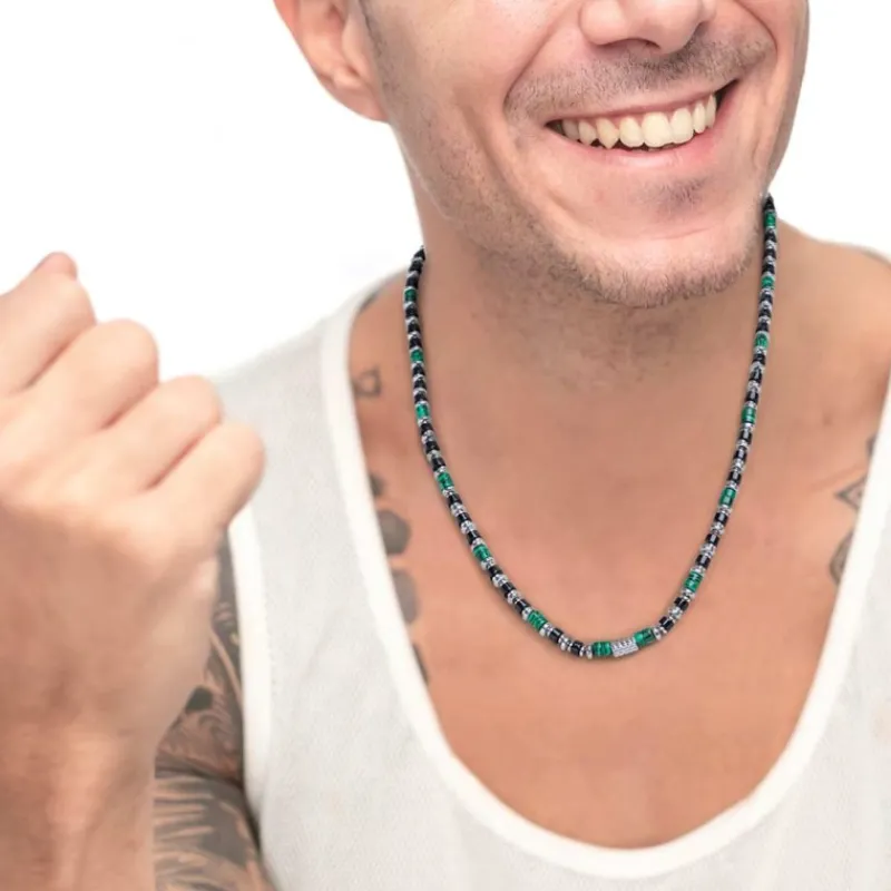 Hot Collana con rondelle in malachite ed onice nera elementi in ematite Collane